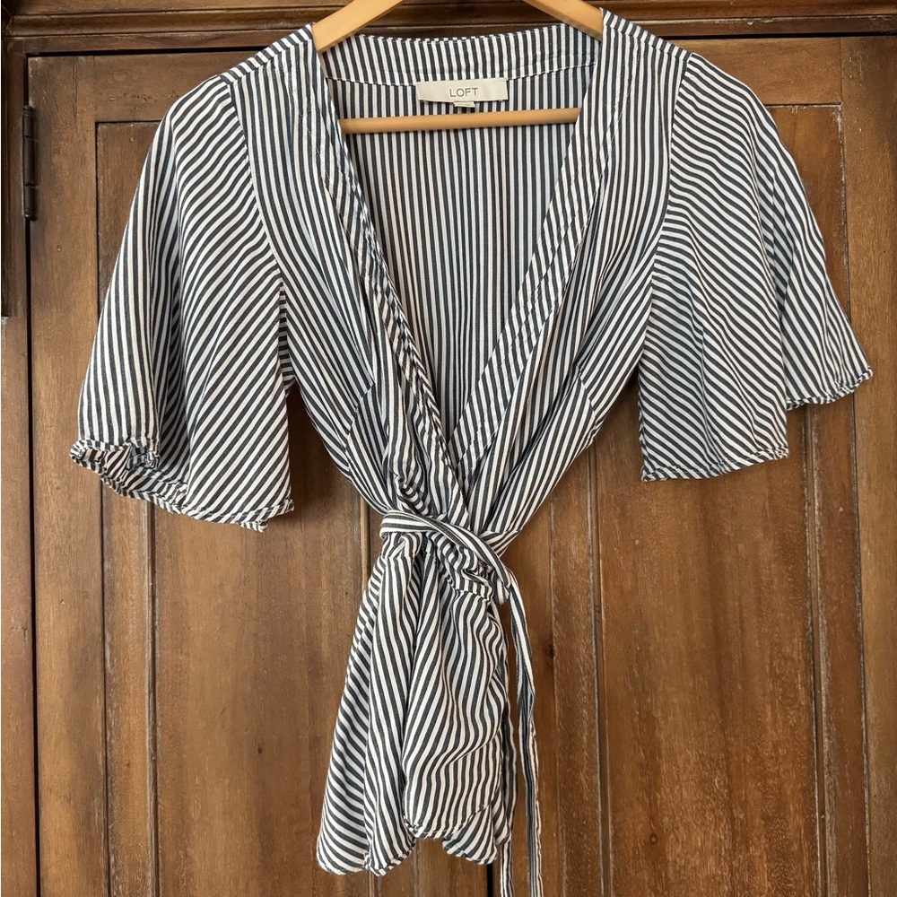 LOFT White and Grey Flutter Sleeve Blouse with Wrap Tie Front